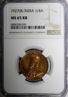 India-British George V Bronze 1927 (B) 1/4 Anna NGC MS65 RB NICE RED KM# 512 (0)