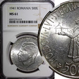 Romania Mihai I Silver 1941 500 Lei Bessarabia Reunion 37 mm NGC MS61 KM# 60 (9)