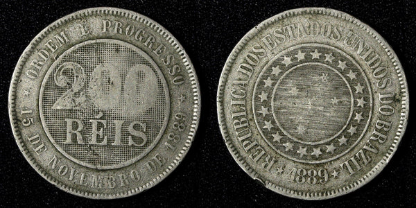 BRAZIL Copper-Nickel 1889 200 Reis 32 mm 1st Year Type KM# 493 (27 817)