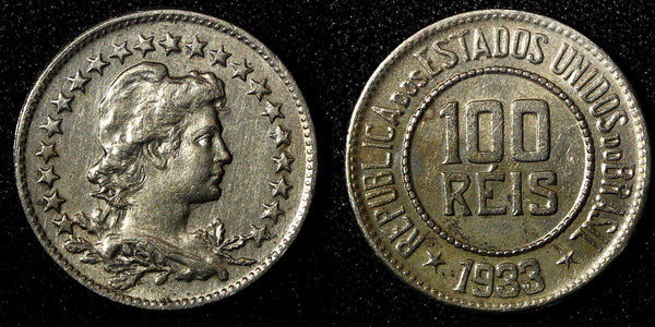 BRAZIL Copper-Nickel 1933 100 Reis Rio de Janeiro Mint KM# 518 (27 784)