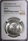 Norway Olav V Constitution Sesquicent.Silver 1964 10 Kroner NGC MS63 KM# 413 (1)