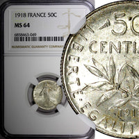 FRANCE Silver 1918 50 Centimes NGC MS64 KM# 854 (049)