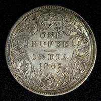 India-British Victoria Silver 1862 Rupee No Dots aUNC KM# 473 (27 555)