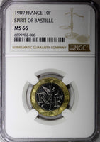 FRANCE 1989 10 Francs Spirit of Bastille NGC MS66 TOP GRADED KM# 964.1 (008)