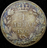 SERBIA Alexander I Silver 1897 1 Dinar 1 Year Type Toned KM# 21 (24 357)