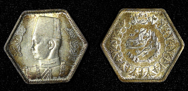 Egypt Farouk Silver AH1363 (1944) 2 Piastres 1 Year Type Mint-32,000 KM# 369 (2)