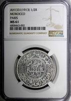 Morocco Yusuf Silver AH1331 (1913) 1/2 Rial NGC MS61 PARIS BETTER DATE Y# 32 (2)