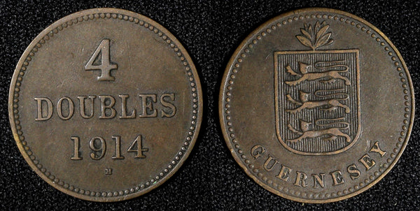 Guernsey Bronze 1914 H 4 Doubles Mintage-209,000 1st Year Type KM# 13 (28 233)