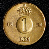 Sweden Gustaf VI Adolf Bronze 1958 TS 1 Ore GEM BU Toned KM# 820 (30 215)