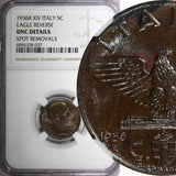 ITALY Victor Emmanuel III Bronze 1936 R  5 Centesimi Eagle NGC UNC DET.KM#73 (7)