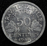 France Aluminum 1944 B 50 Centimes WWII Issue Beaumont Mint KM# 914.2 (24 974)
