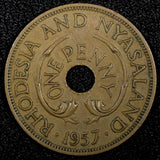 Rhodesia And Nyasaland Elizabeth II Bronze 1957 1 Penny KM# 2 (24 955)