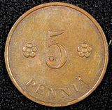 FINLAND Copper 1937 5 Penniä UNC KM# 22 (24 003)