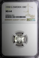 Sweden Gustaf V Silver 1930 G 10 Ore NGC MS64 GEM BU KM# 780 (021)