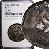 BOLIVIA Ferdinand VI Silver 1754 P q  8 Reales NGC  AU50 NICE TONED KM#40 (11)
