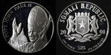 SOMALI Republic Silver Proof 2001 $25.00 Pope John Paul II AR-0.999  1 Oz (897)