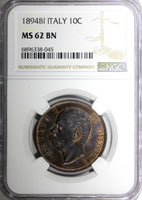 ITALY Copper Umberto I 1894 BI 10 Centesimi NGC MS62 BN Nice Toned KM# 27.1 (45)