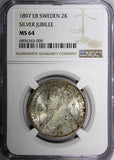 SWEDEN Silver Jubilee Oscar II 1897 EB 2 Kronor NGC MS64 Nice Toned KM# 762 (09)