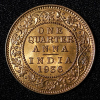 India-British George V Bronze 1936 (B) 1/4 Anna UNC RED Toned KM# 512  (27 726)