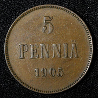 Finland Nicholas II Copper 1905 5 Penniä Mintage-620,000 BETTER DATE KM# 15  (1)