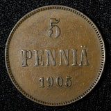 Finland Nicholas II Copper 1905 5 Penniä Mintage-620,000 BETTER DATE KM# 15  (1)