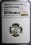 Egypt Occupation Coinage Silver AH1335/1917 H 2 Piastres NGC MS63 KM# 317.2 (36)