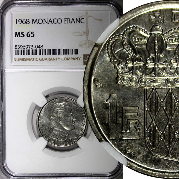 Monaco Rainier III 1968 1 Franc Paris Mint NGC MS65 TOP GRADED KM# 140 (48)