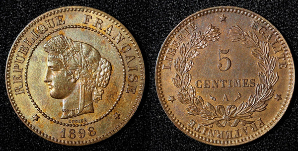 France Bronze 1898 A 5 Centimes Last Year Type UNC Toned KM# 821.1 (28 248)