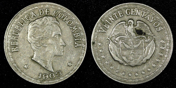 Colombia Simon Bolivar 1963 20 Centavos Large Date Variety KM# 215.2 (26 989)