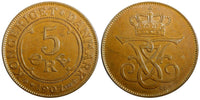 Denmark Frederik VIII Bronze 1907 VBP; GJ 5 Ore UNC Condition KM# 806 (23 803)
