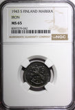 FINLAND Iron 1943 S 1 Markka WWII Issue NGC MS65 TOP GRADED BY NGC KM# 30b (042)