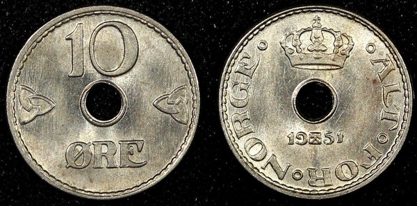 NORWAY Haakon VII  Copper-Nickel 1951 10 Øre Last Year Type BU KM# 383 (24 037)