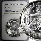 Luxembourg Jean Silver 1964 100 Francs Mintage-50,000 NGC MS65 KM# 54 (001)