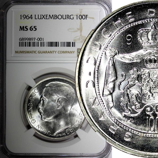 Luxembourg Jean Silver 1964 100 Francs Mintage-50,000 NGC MS65 KM# 54 (001)