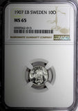SWEDEN Oscar II Silver 1907 EB 10 Ore 1 YEAR TYPE NGC MS65 GEM BU KM# 774 (013)