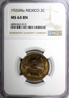 Mexico ESTADOS UNIDOS MEXICANOS Bronze 1926 Mo 2 Centavos NGC MS64 BN KM# 419(3)