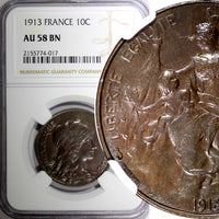 France Bronze 1913 10 Centimes NGC AU58 BN 30 mm KM# 843 (17)