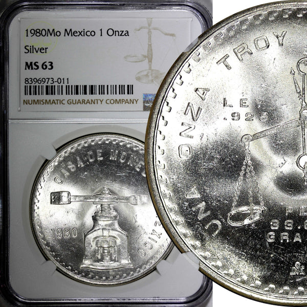 MEXICO Silver 1980 Mo Onza Scale  NGC MS63 GEM BU KM# M49b.5 (11)