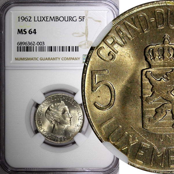 LUXEMBOURG Charlotte 1962 5 Francs NGC MS64 1 Year Type KM# 51 (003)