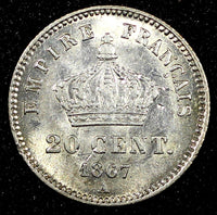 FRANCE Napoleon III Silver 1867 A  20 Centimes Mintage-352 ,510 KM# 808.1  (064)