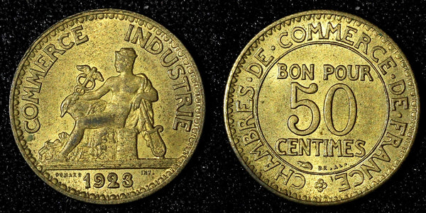 FRANCE Aluminum-Bronze 1923 50 Centimes HIGH GRADE KM# 884 (28 111)