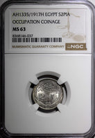 Egypt Occupation Coinage Silver AH1335/1917 H 2 Piastres NGC MS63 KM# 317.2 (37)