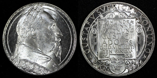 SWEDEN Silver 1932-G 2 Kronor  1 YEAR Death of Gustaf II Adolf BU KM# 805 (51)