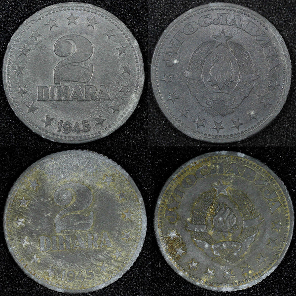 Yugoslavia LOT OF 2 COINS Zinc 1945 2 Dinara 1 Year Type WWII Issue KM# 27 (50)