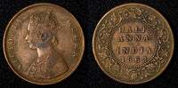 India-British Victoria Copper 1862  1/2 Anna  KM# 468 (27 612)