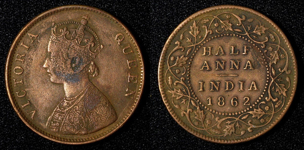 India-British Victoria Copper 1862  1/2 Anna  KM# 468 (27 612)