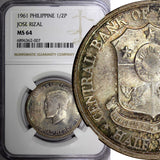 PHILIPPINES Silver 1961   1/2 Peso NGC MS64 Dr. Jose Rizal Toned KM# 191 (07)