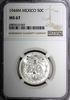 Mexico ESTADOS UNIDOS Silver 1944 M 50 Centavos NGC MS67 GEM BU KM# 447 (043)