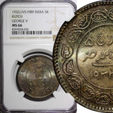 India KUTCH Silver 1932 VS 1989 5 Kori NGC MS66  Rainbow TOP GRADED Y# 53a (35)
