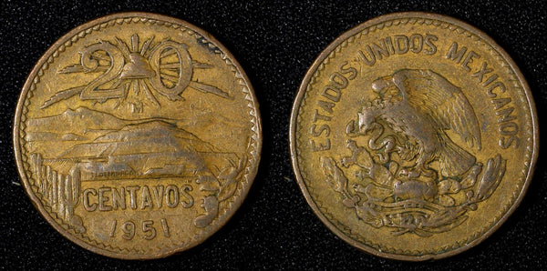 Mexico ESTADOS UNIDOS MEXICANOS Bronze 1951 Mo 20 Centavos SCARCE DATE KM#439(3)